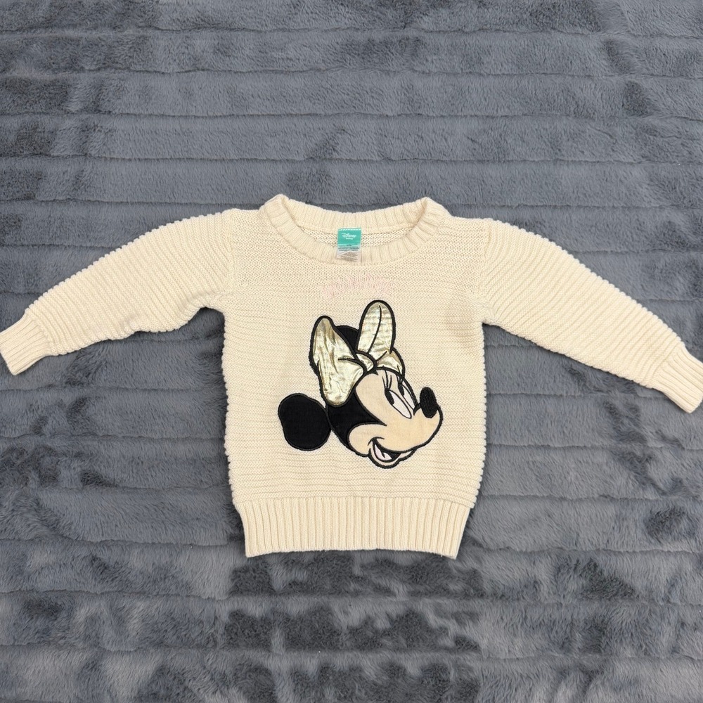 Disney Baby Minnie Mouse Cream Knit Cotton Sweater Gold Bow 12M RN15517